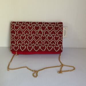 Francesca Red Beaded Heart Clutch Evening Bag Gold Chain Shoulder Strap  NWT